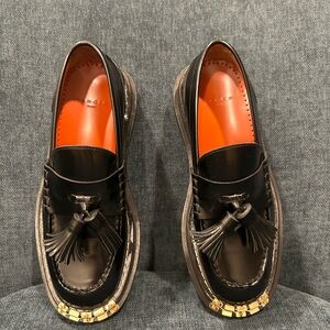 Sandro Black Tassel Loafers with Gold Accents
